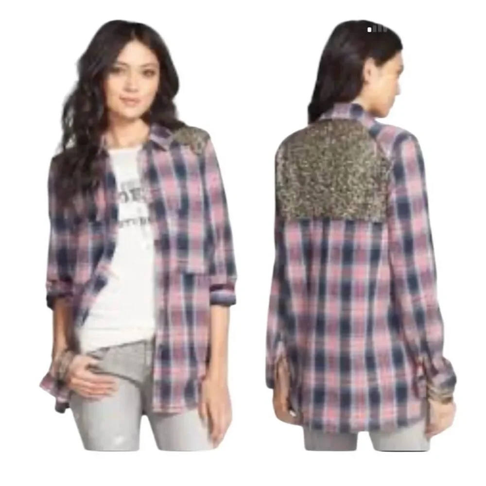 Free People Little‎ Bit of Sugar Women's M Sequin plaid flannel shirt